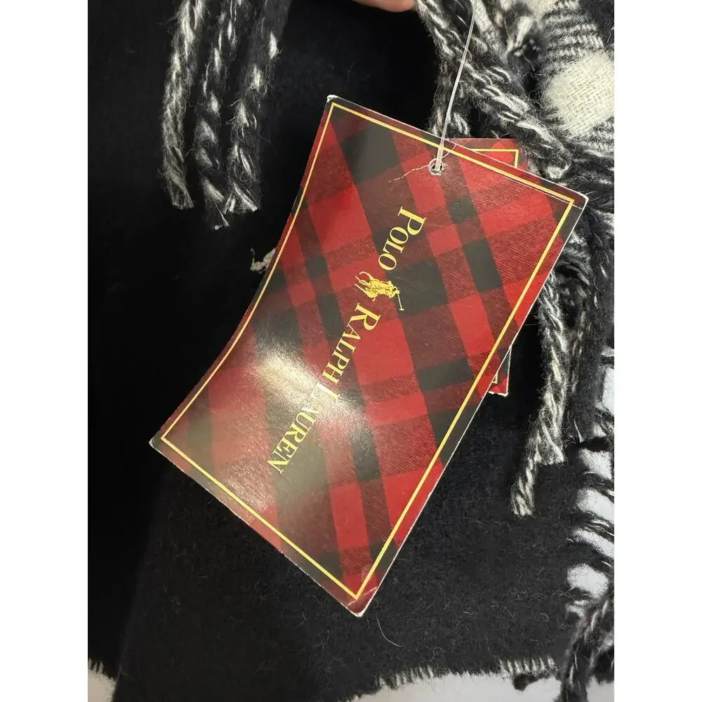 Polo Ralph Lauren Lamb Wool bBlack White Gingham Plaid Fringe Scarf New